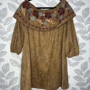 Mittoshop Suede Look Mini Dress L Embroidered Floral Earthtone Tunic Style Brown